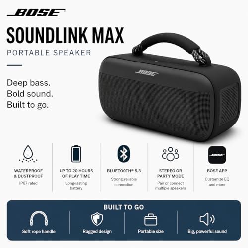 Bose SoundLink Max Portable Speaker  Large Waterproof Bluetooth Speaker  Up to 20 Hours of Battery Life  USB C  Built in 3 5mm AUX Input    Hard Shell Travel Case   AUX Cable  Black