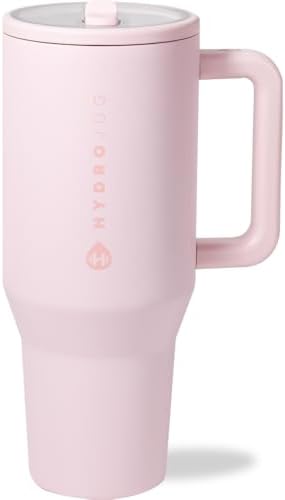 HydroJug Traveler   32 oz Water Bottle with Handle & Flip Straw   Fits in Cup Holder  Leak Resistant Tumbler Reusable Insulated Stainless Steel & Rubber Base   Gifts for Women & Men  Pink Sand