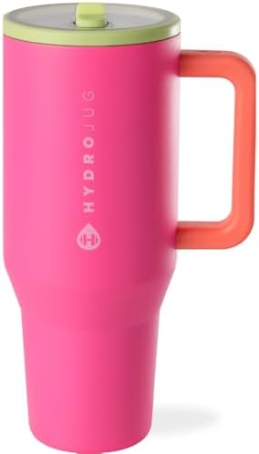 HydroJug Traveler   32 oz Water Bottle with Handle & Flip Straw   Fits in Cup Holder  Leak Resistant Tumbler Reusable Insulated Stainless Steel & Rubber Base   Gifts for Women & Men  Pink Sand