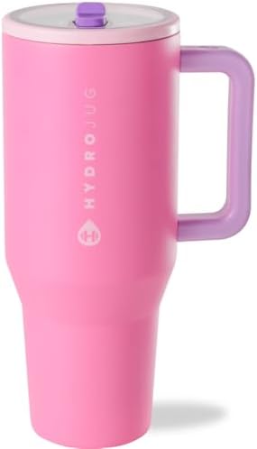 HydroJug Traveler   32 oz Water Bottle with Handle & Flip Straw   Fits in Cup Holder  Leak Resistant Tumbler Reusable Insulated Stainless Steel & Rubber Base   Gifts for Women & Men  Pink Sand