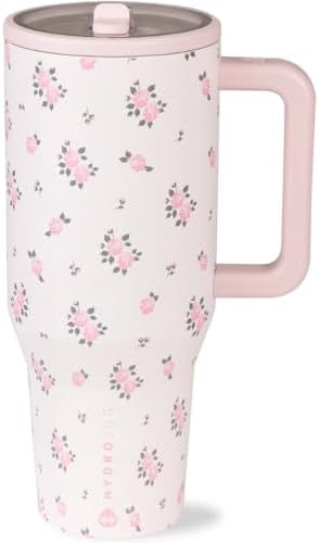 HydroJug Traveler   32 oz Water Bottle with Handle & Flip Straw   Fits in Cup Holder  Leak Resistant Tumbler Reusable Insulated Stainless Steel & Rubber Base   Gifts for Women & Men  Pink Sand