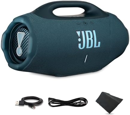 JBL Boombox 4 Portable Bluetooth Speaker  Blue    Powerful Pro Sound  Dual Bass Modes  IP68 Waterproof and Dustproof  JBLBOOMBOX4BUAM    USB C Cable   Microfiber Cloth