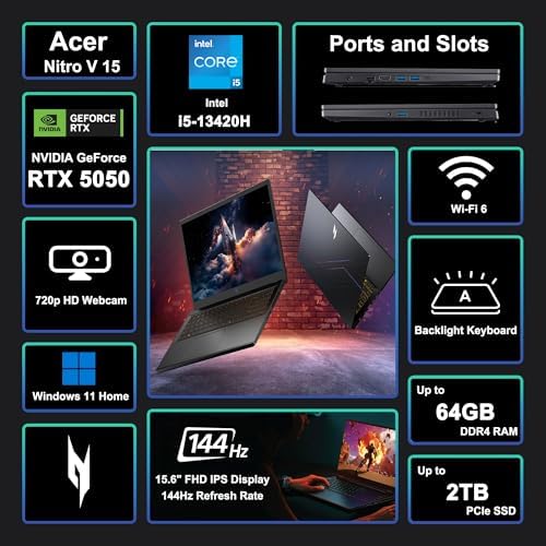 acer Nitro V 15 Gaming Laptop 15 6 FHD IPS 165Hz Intel 8 core i5 13420H 16GB DDR4 512GB SSD GeForce RTX 5050 GDDR7 DLSS4  Up to 440 AI Tops  Backlit Thunderbolt WiFi6 Win11Pro ICP Hub